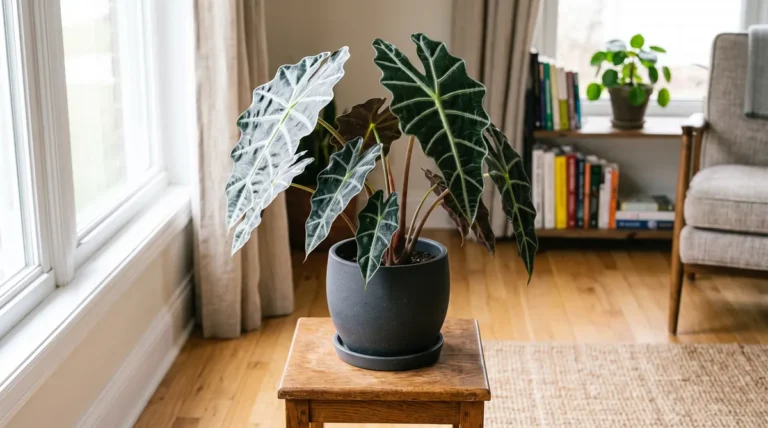 Alocasia amazonica 'Polly' showing its characteristic scalloped leaf edges and bright white veining.