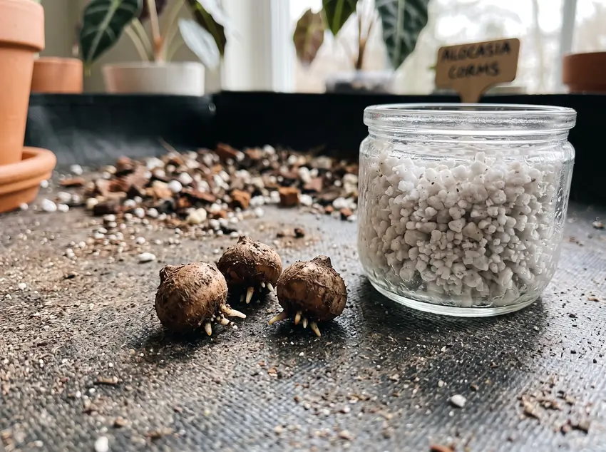 Harvesting small underground corms during repotting to sprout new baby Alocasia plants.