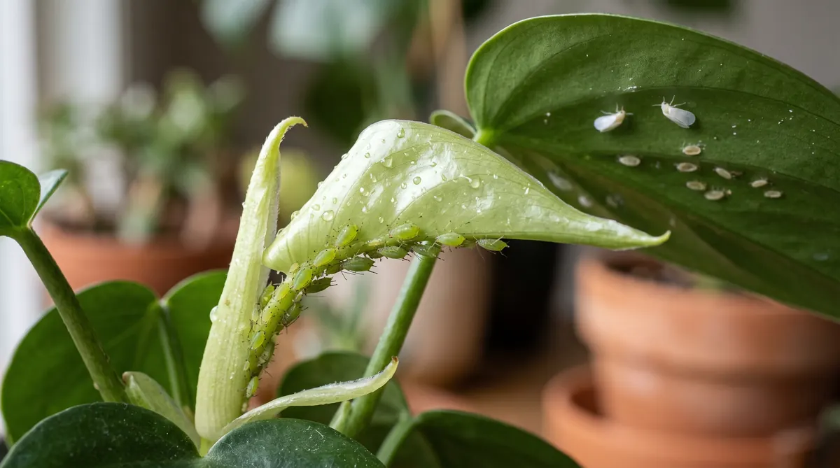 Aphids crowding tender unfurling growth tips, while tiny whiteflies scatter in powdery clouds when the underside of broad leaves is disturbed.