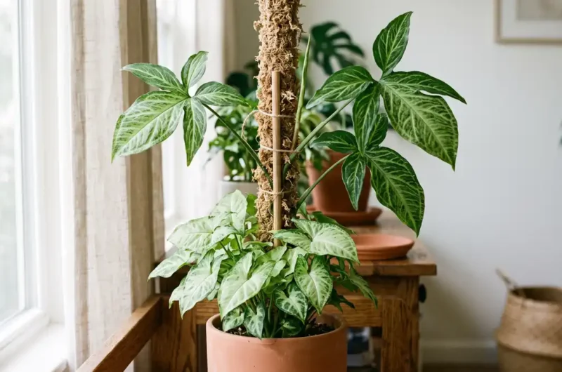 Mature climbing Syngonium podophyllum on a moss pole showing arrow and multi-lobed leaves with proper syngonium podophyllum care.
