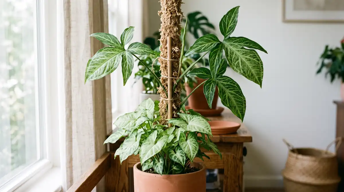 Mature climbing Syngonium podophyllum on a moss pole showing arrow and multi-lobed leaves with proper syngonium podophyllum care.