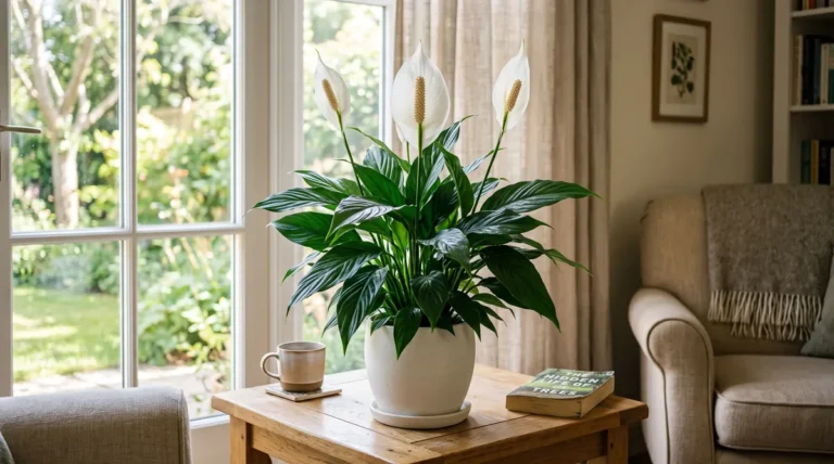 Spathiphyllum wallisii in full bloom with glossy dark green foliage and crisp white floral spathes.