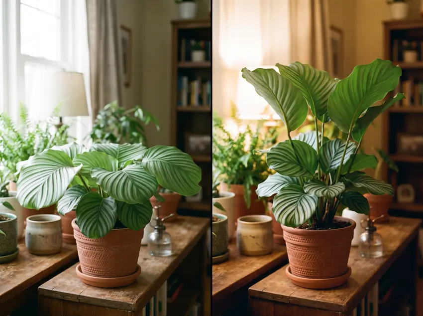 Time-lapse comparison showing daytime horizontal leaf spread versus nighttime vertical prayer position.