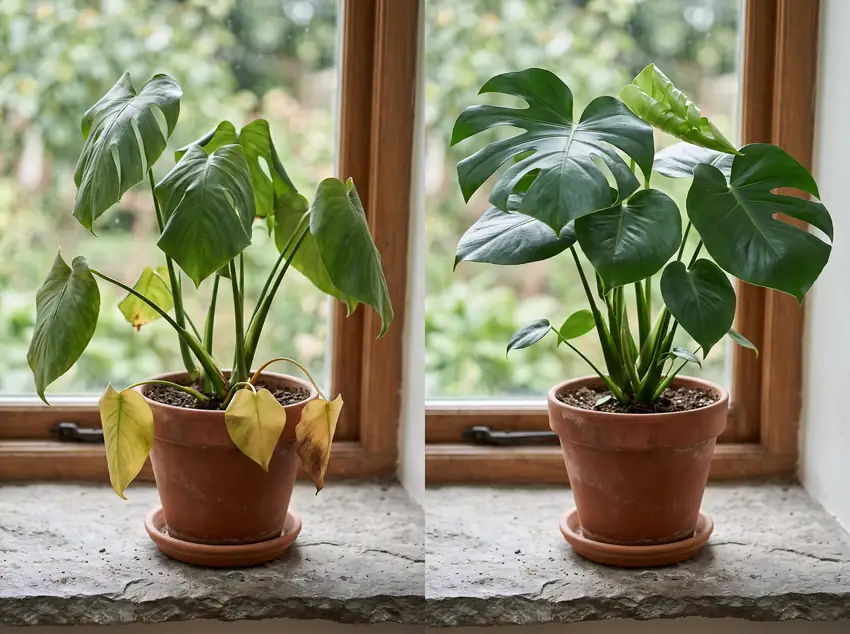 Comparison of post-nursery shock leaf droop versus an acclimated thriving plant in houseplant care guides.