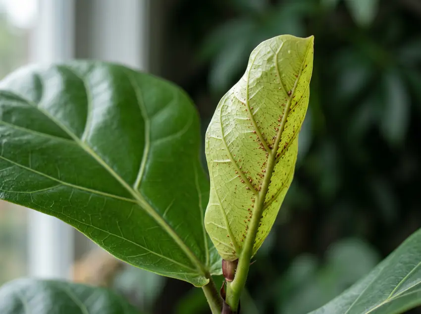 Close-up of young Fiddle Leaf Fig foliage showing mild cellular oedema speckles during routine fiddle leaf care.