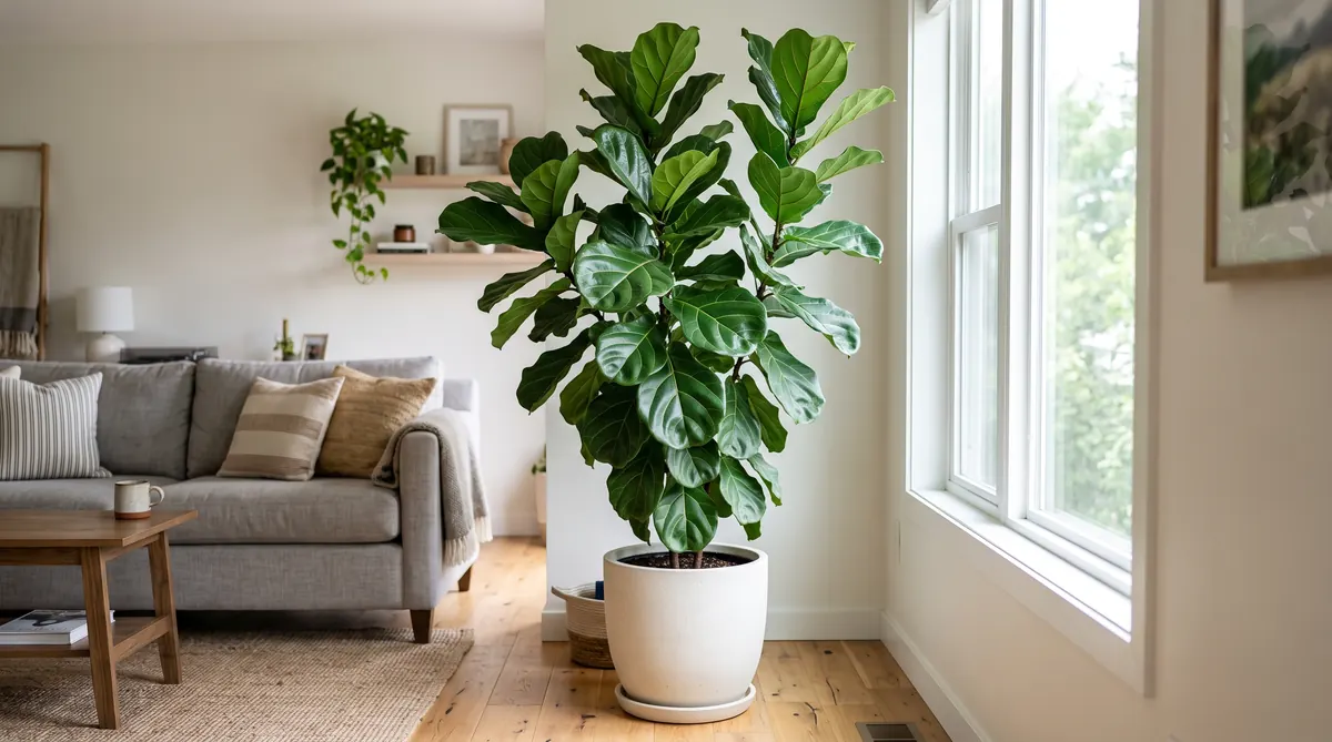 Mature multi-branched Fiddle Leaf Fig tree thriving beside a sunny living room window with proper fiddle leaf care.