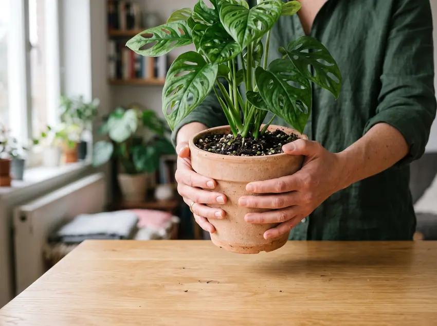 Lifting a nursery pot to gauge water content by weight rather than relying on unreliable schedule timers.
