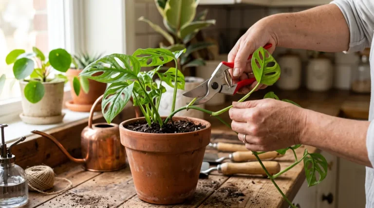 Making a clean 45-degree cut above a dormant node to stimulate fresh lateral branching.