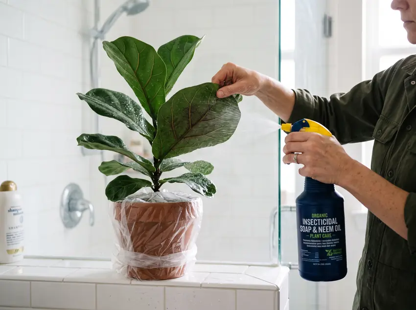 Spraying the entire underside of foliage with emulsified insecticidal soap solution after a thorough lukewarm water rinse.