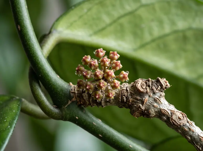 Macro close-up of a perennial woody Hoya peduncle spur initiating star-shaped flower buds during routine hoya plant care.