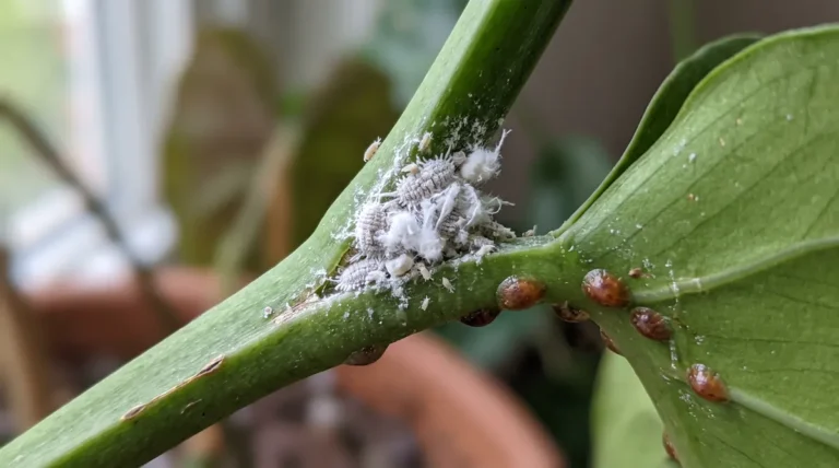 Mealybugs tucking into leaf axils with white powdery wax filaments, while brown soft scale insects anchor along main stem veins.