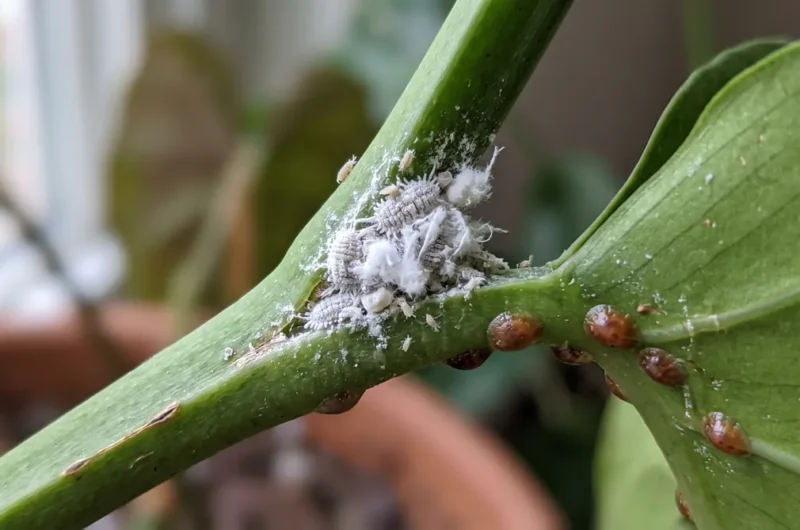 Mealybugs tucking into leaf axils with white powdery wax filaments, while brown soft scale insects anchor along main stem veins.