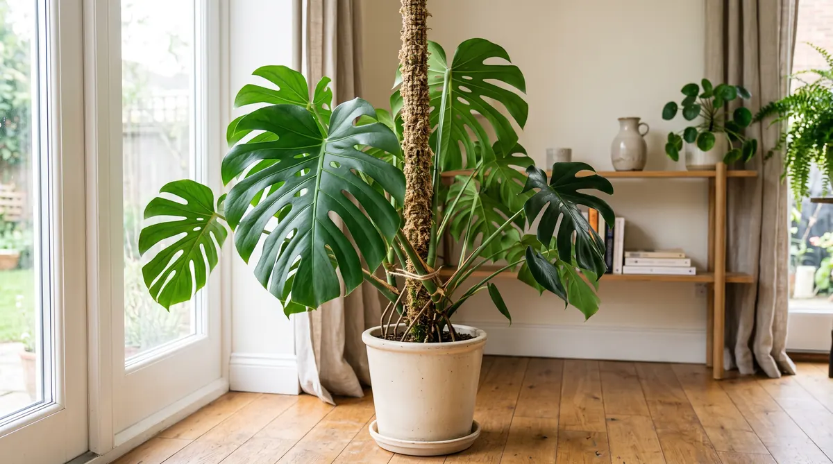 Indoors Monstera deliciosa producing secondary inner fenestrations right next to a living room window.