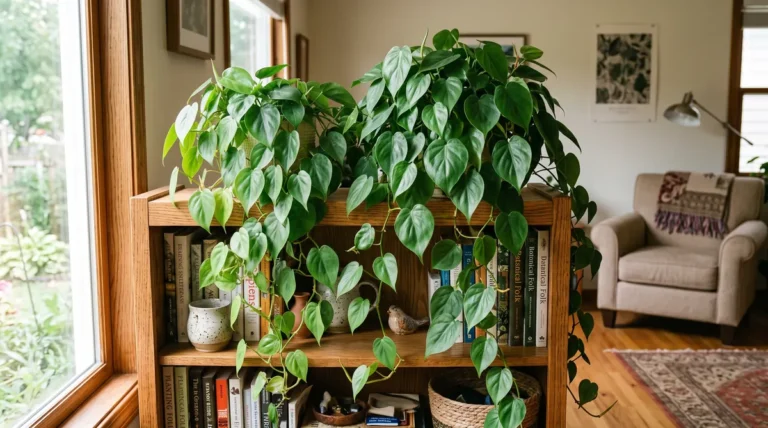 A multi-stem Heartleaf Philodendron (Philodendron hederaceum) trailing luxuriantly down an indoor shelf.