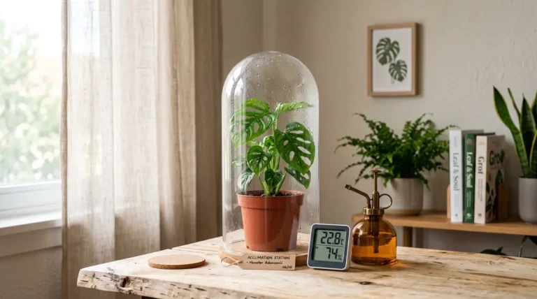 Dedicated indoor plant acclimation station with humidity monitoring featured in our houseplant care guides.