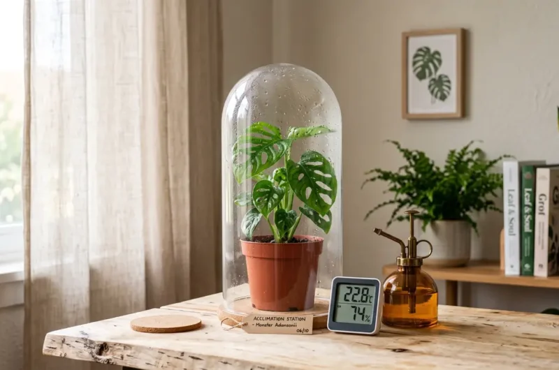 Dedicated indoor plant acclimation station with humidity monitoring featured in our houseplant care guides.