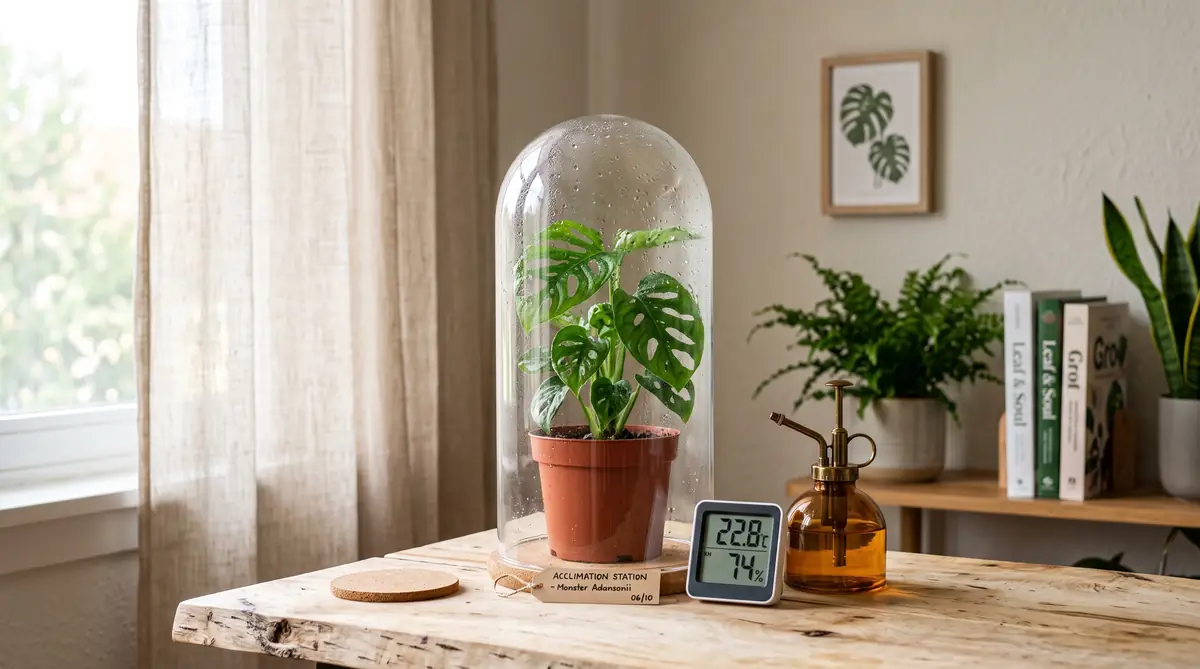 Dedicated indoor plant acclimation station with humidity monitoring featured in our houseplant care guides.