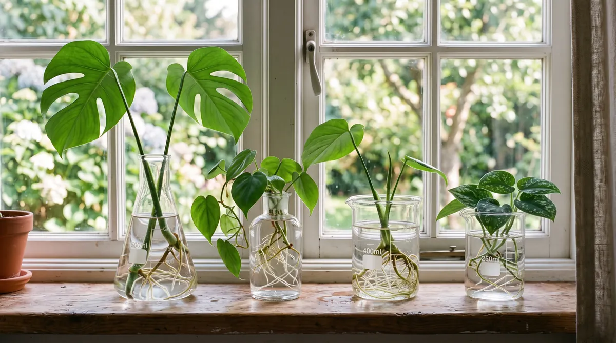 Healthy adventitious water roots developing along stem nodes before potting into soil.