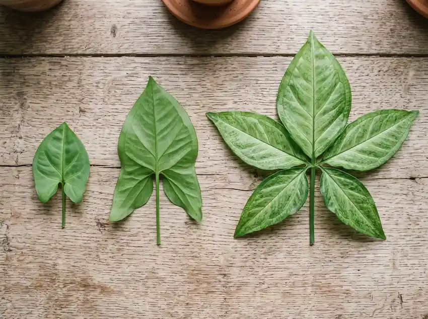 Direct comparison of juvenile arrowhead leaves and mature five-lobed fronds during syngonium podophyllum care.