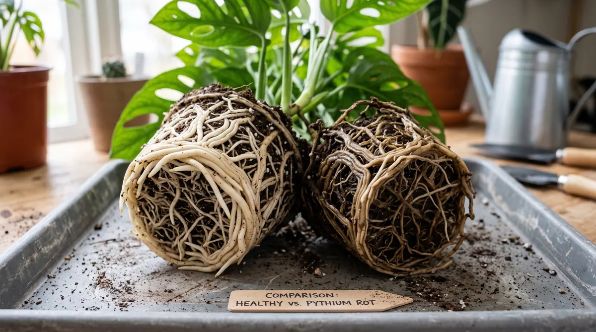 Inspecting an aroid root system. Healthy roots are firm and pale, while rotten roots slip off like wet string when gently tugged.
