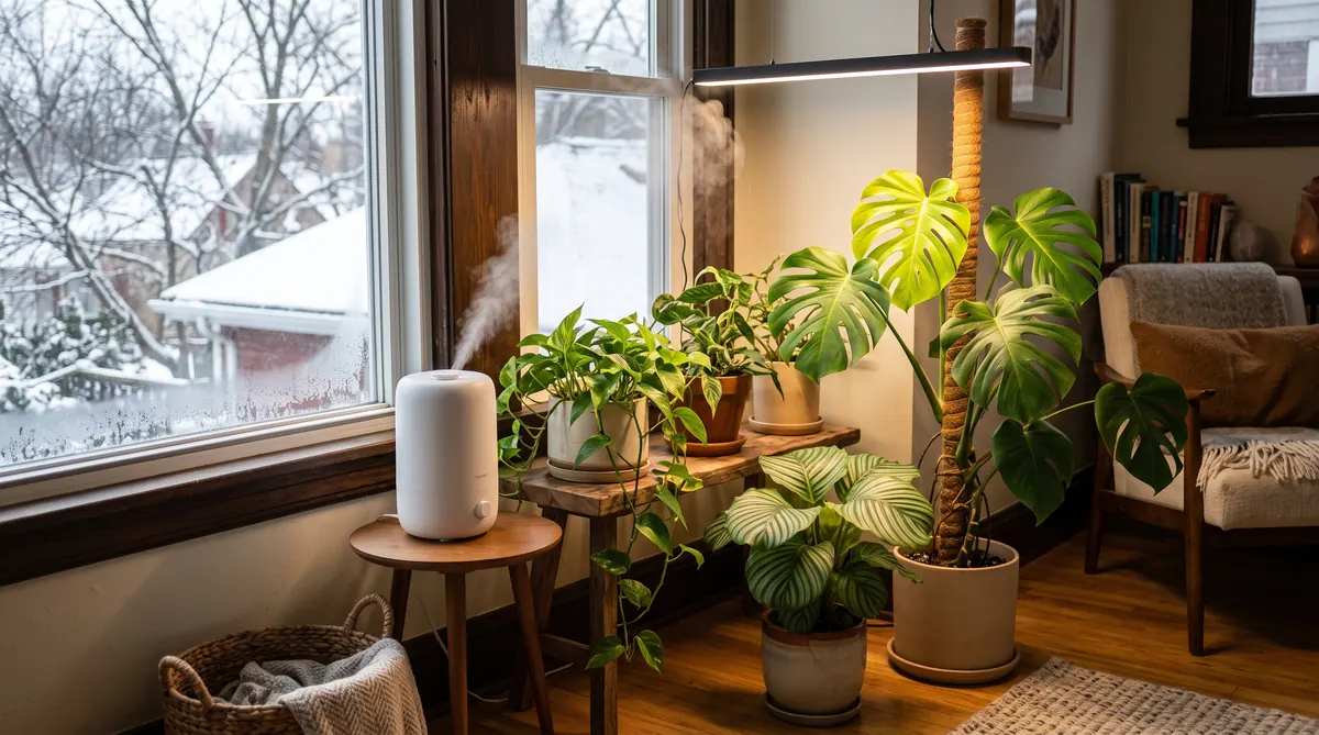 Supplementing daylight and maintaining distance from cold windowpanes protects tropical foliage during dark winter months.