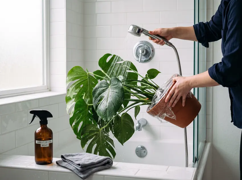 Using targeted water pressure to dislodge soft-bodied aphids before coating foliage in an insecticidal soap and neem oil suffocation emulsion.