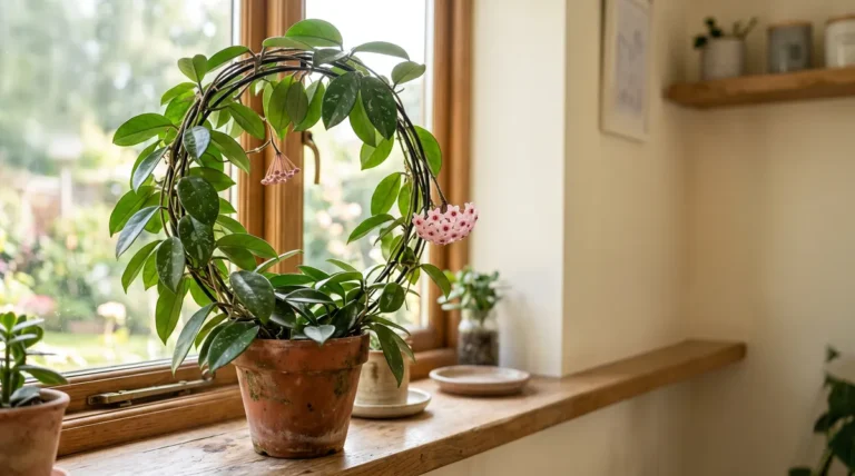 Mature trellised Hoya carnosa with waxy foliage and fragrant porcelain flower umbels grown with proper hoya plant care.