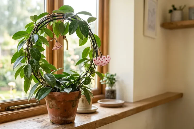 Mature trellised Hoya carnosa with waxy foliage and fragrant porcelain flower umbels grown with proper hoya plant care.