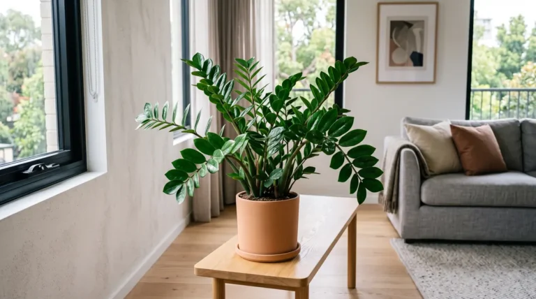 Zamioculcas zamiifolia displaying naturally glossy, succulent foliage and upright stems.