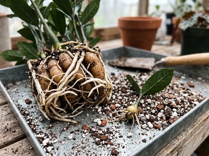 The potato-like underground storage rhizomes and a single leaflet forming a miniature bulb.